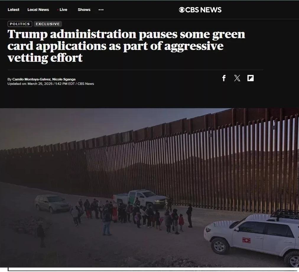 川普政府近期已悄然下令暂停处理部分合法移民申请,包括那些已经获得批准的难民与庇护身份人士的绿卡申请 ... 川普政府近期已悄然下令暂停处理部分合法移民申请,包括那些已经获得批准的难民与庇护身份人士的绿卡申请 ...